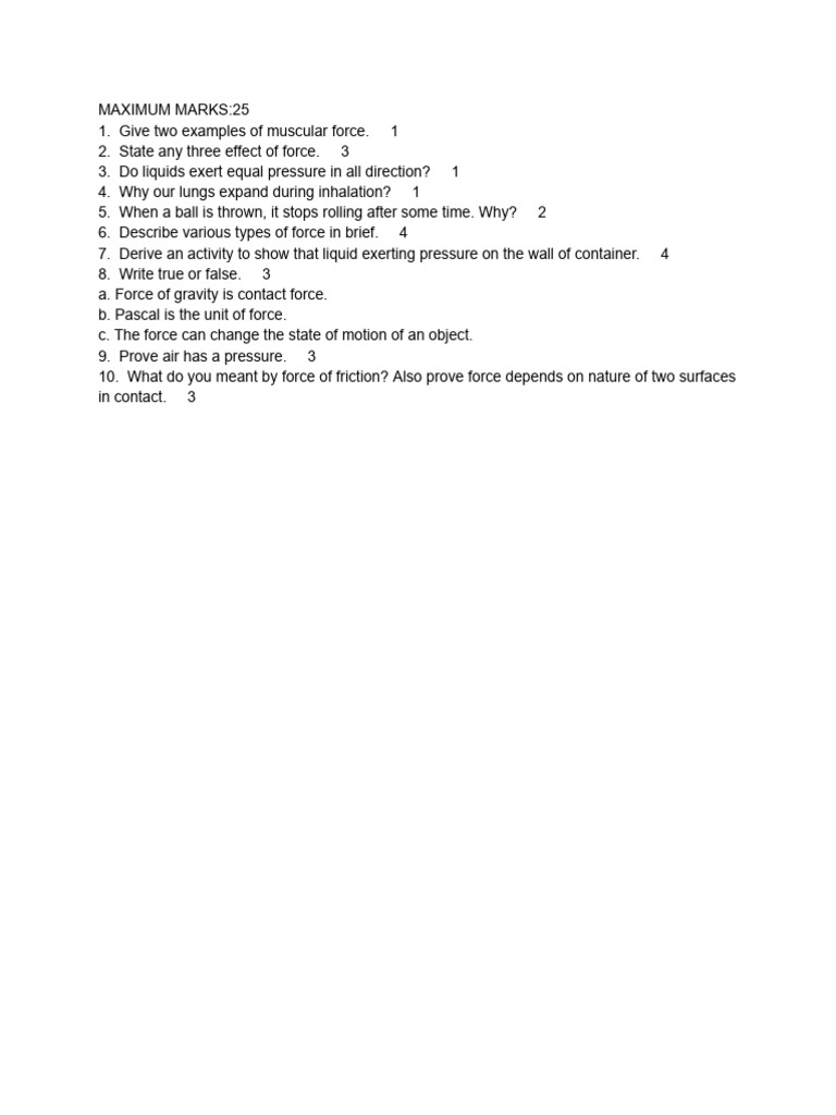 Test of Force and Pressure Class 8 Ncert | PDF