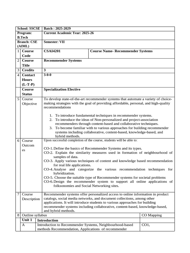 B.Tech Recommender Systems Course Syllabus | PDF | Web 2.0 | Learning