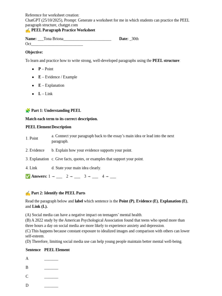 PEEL Paragraph Practice Worksheet | PDF | Adolescence | Mental Health