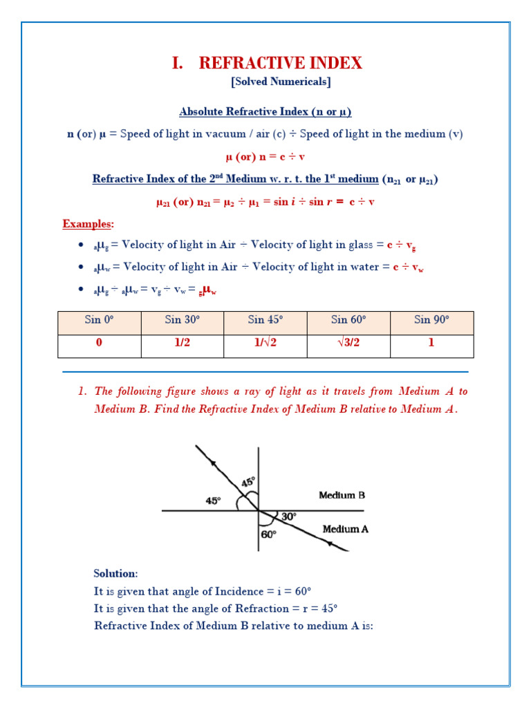 Refractive Index Calculations and Examples | PDF | Refraction ...