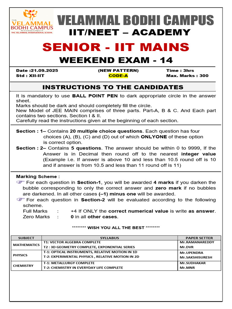 Xii-Iit Final QP - Code - A - 21-09-2025 | PDF