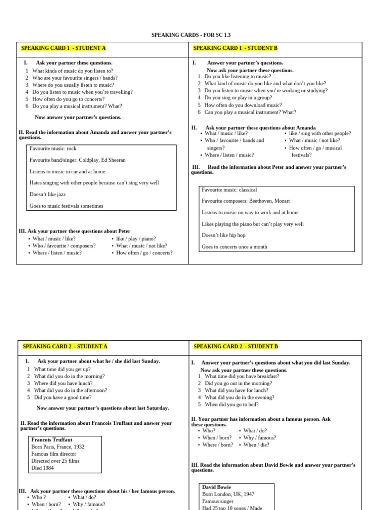 Speaking Cards for Student Interaction | PDF | Drink | Meal