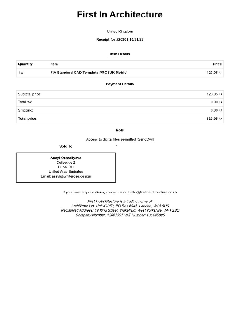 First in Architecture: Receipt For #20301 10/31/25 | PDF