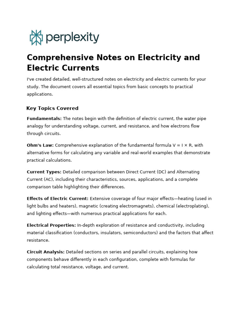 Study Guide: Electricity & Currents | PDF | Electric Current | Electricity