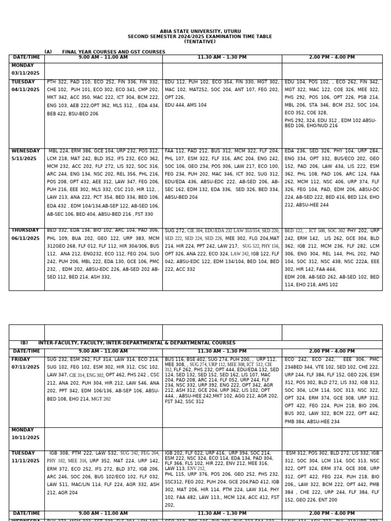 2025 2nd Semester Exam Schedule | PDF