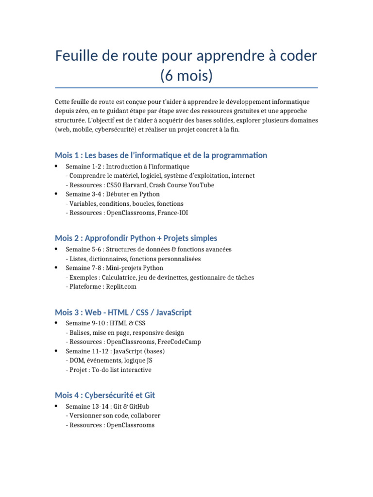Feuille de route pour apprendre à coder | PDF
