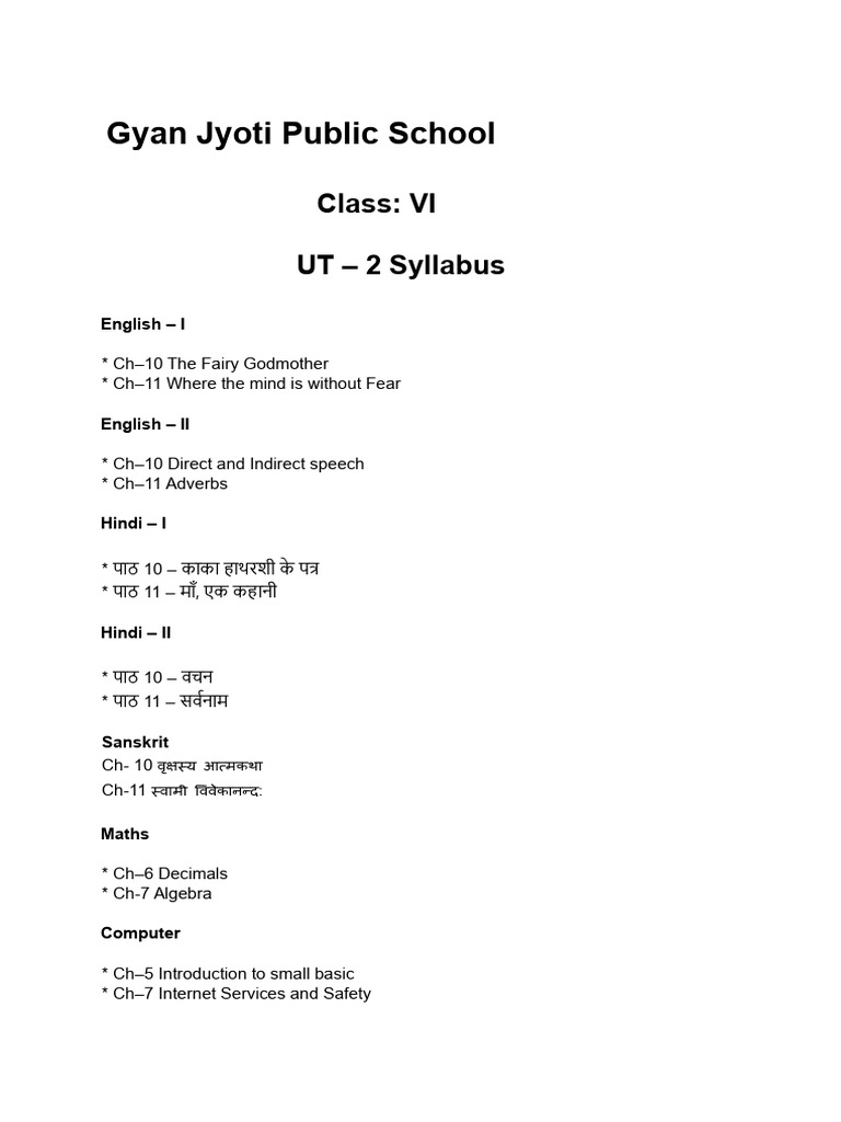Class VI UT-2 Syllabus Overview | PDF