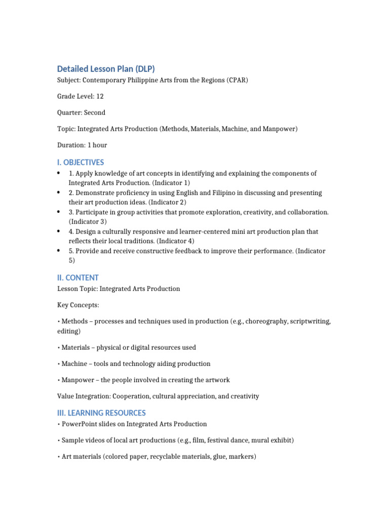 Integrated Arts Production Lesson Plan | PDF | Annotation | Teachers