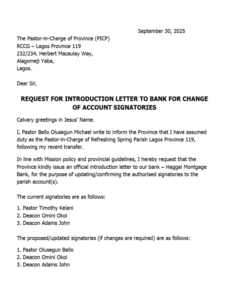 Request for Bank Signatory Update Letter | PDF