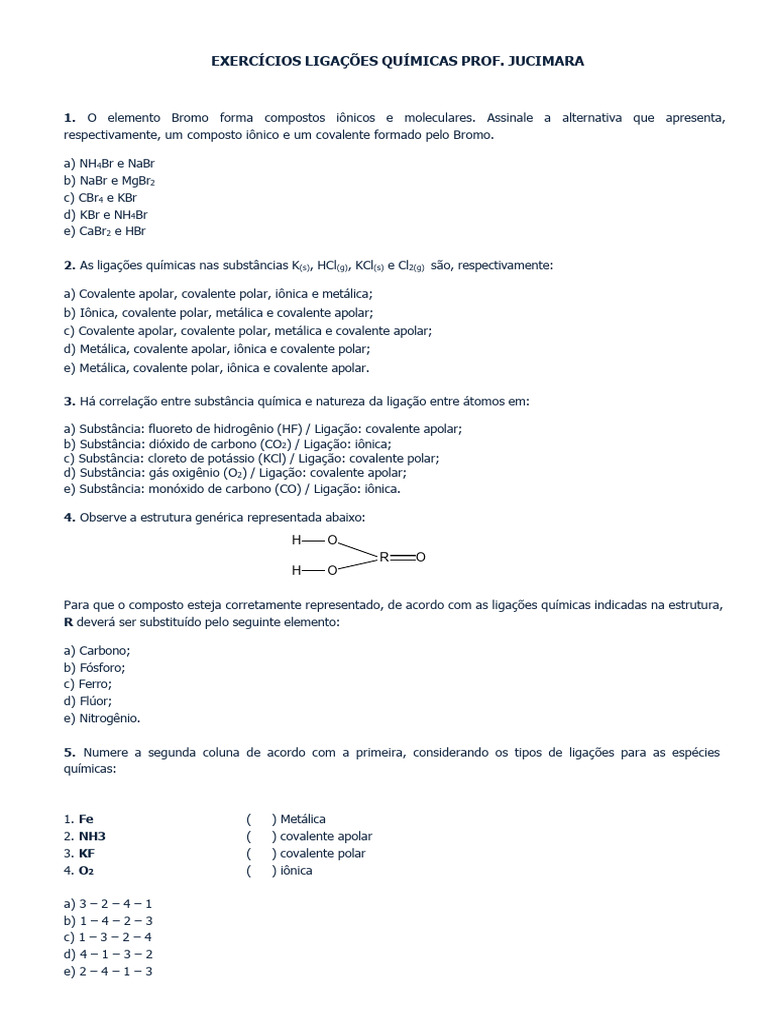 Exercícios sobre Ligações Químicas | PDF | Polaridade química | Ligação ...