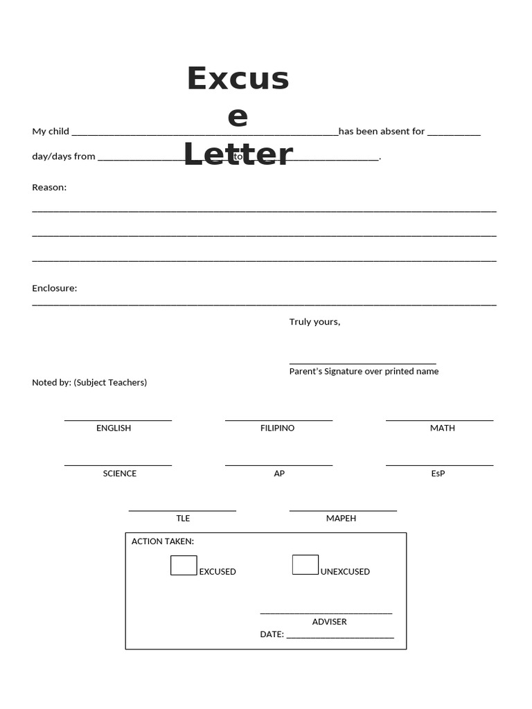 Absence Excuse Slip Template | PDF
