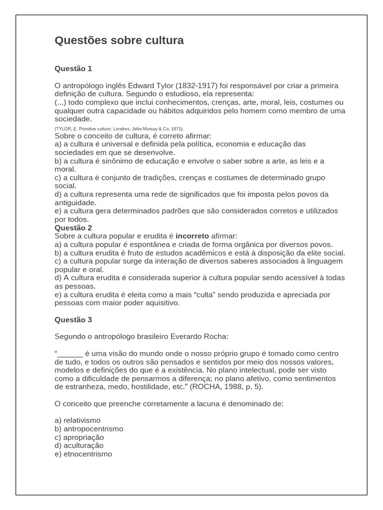 Questões sobre Cultura e Identidade Social | PDF | Cultura popular ...