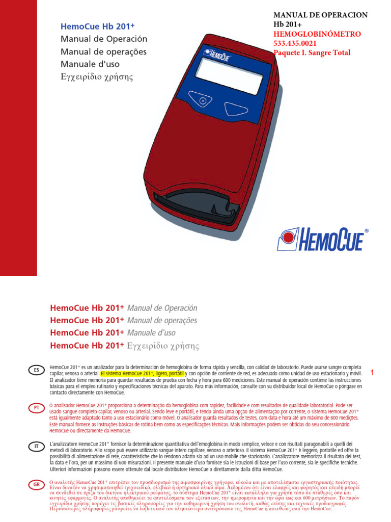 Manual do HemoCue Hb 201+: Operação e Uso | PDF | Especialidades ...