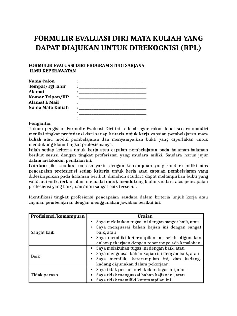 Formulir Evaluasi Diri RPL Keperawatan | PDF