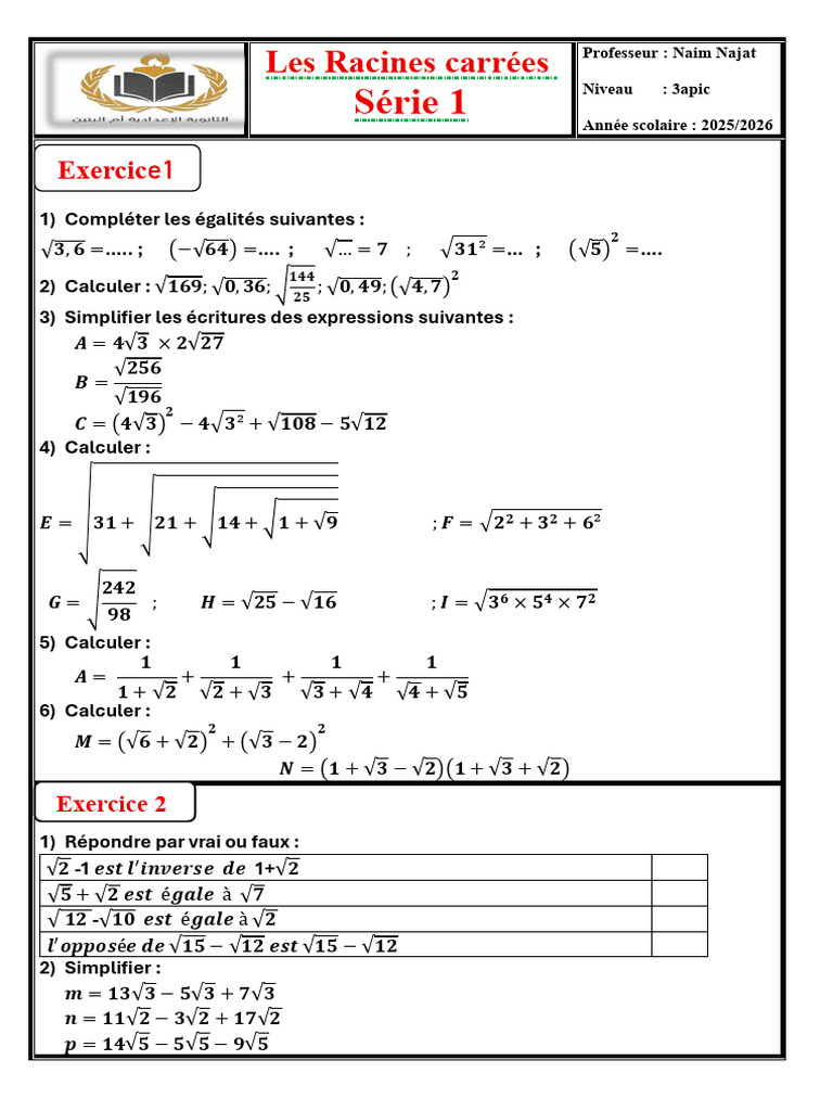 Exercices sur les Racines Carrées | PDF | Mathématiques discrètes ...