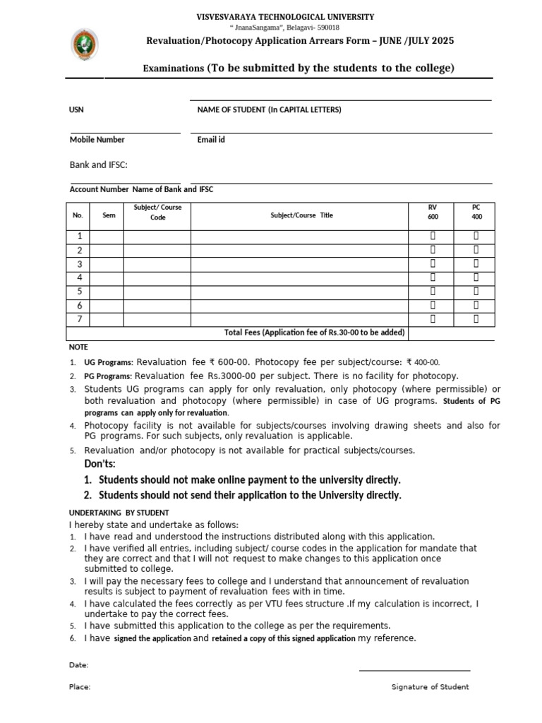 VTU Revaluation/Photocopy Application Form | PDF