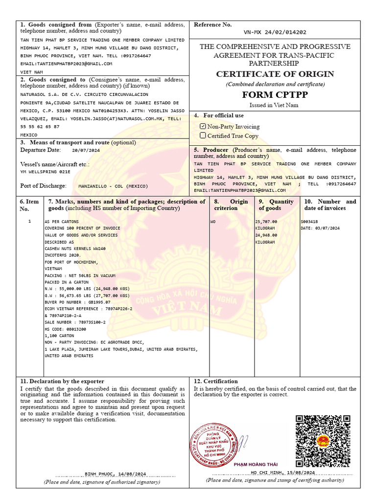 Certificate Form CPTPP, Certificate No - VN-MX 24-02-014202 FINAL | PDF