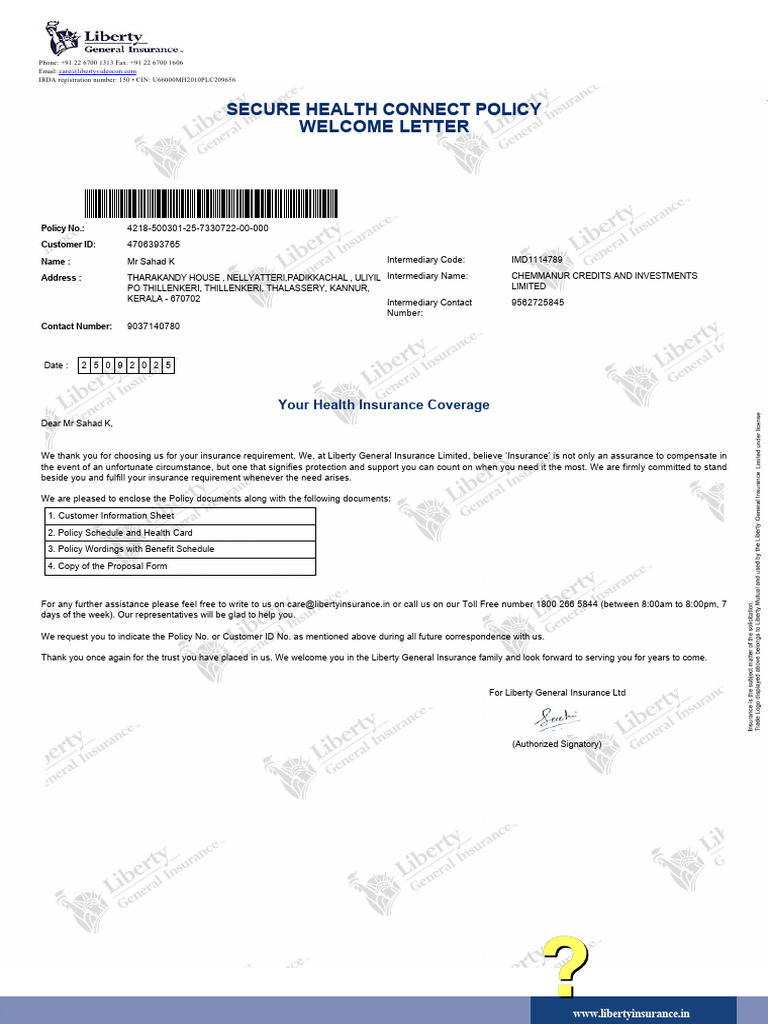 Secure Health Connect Policy Welcome Letter: Your Health Insurance ...