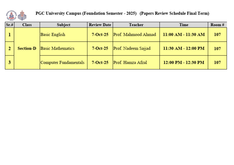 PGC University 2025 Final Term Schedule | PDF