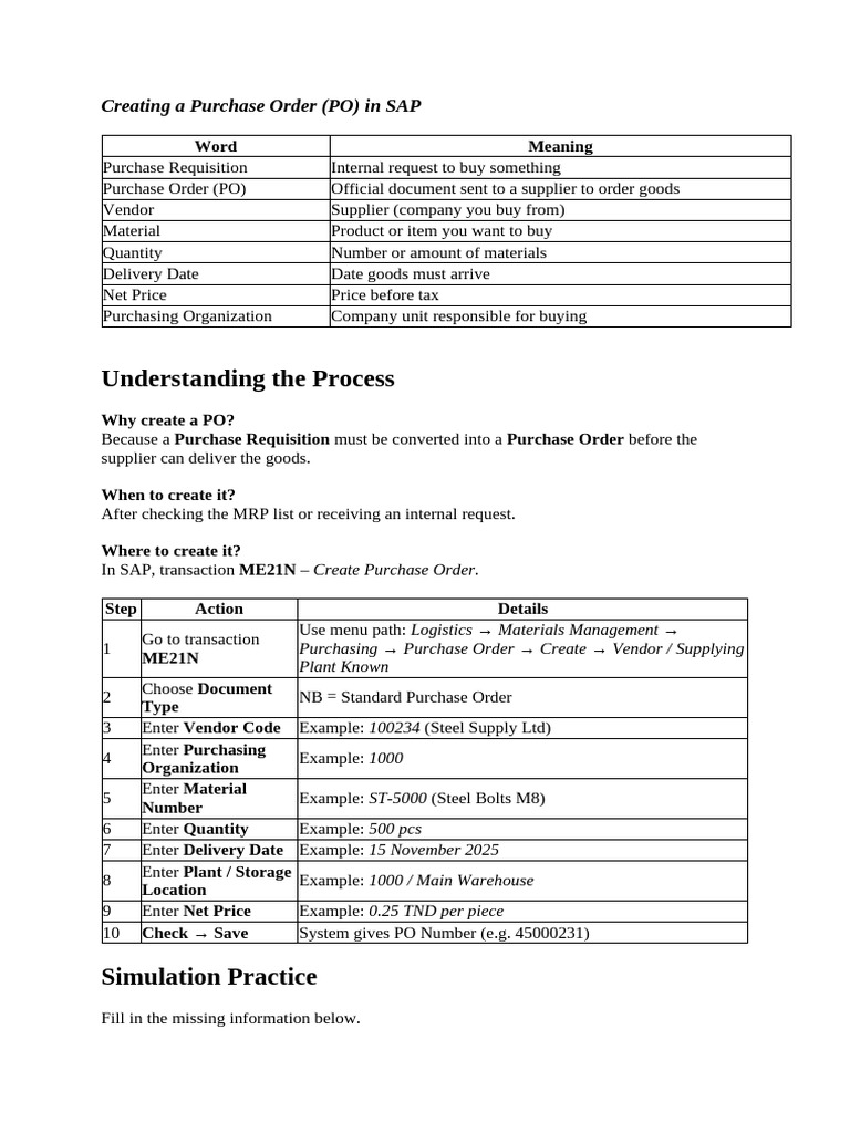 Create Purchase Order in SAP Guide | PDF | Logistics | Supply Chain ...