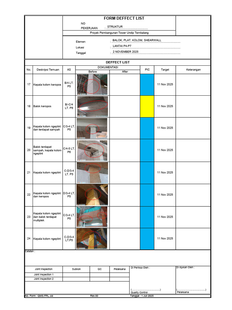 Daftar Defect Proyek Tower Undip Tembalang | PDF