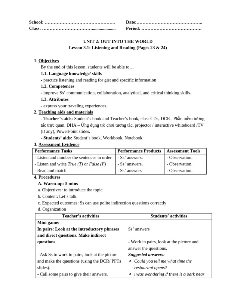 Listening and Reading Lesson Plan | PDF | Human Communication ...