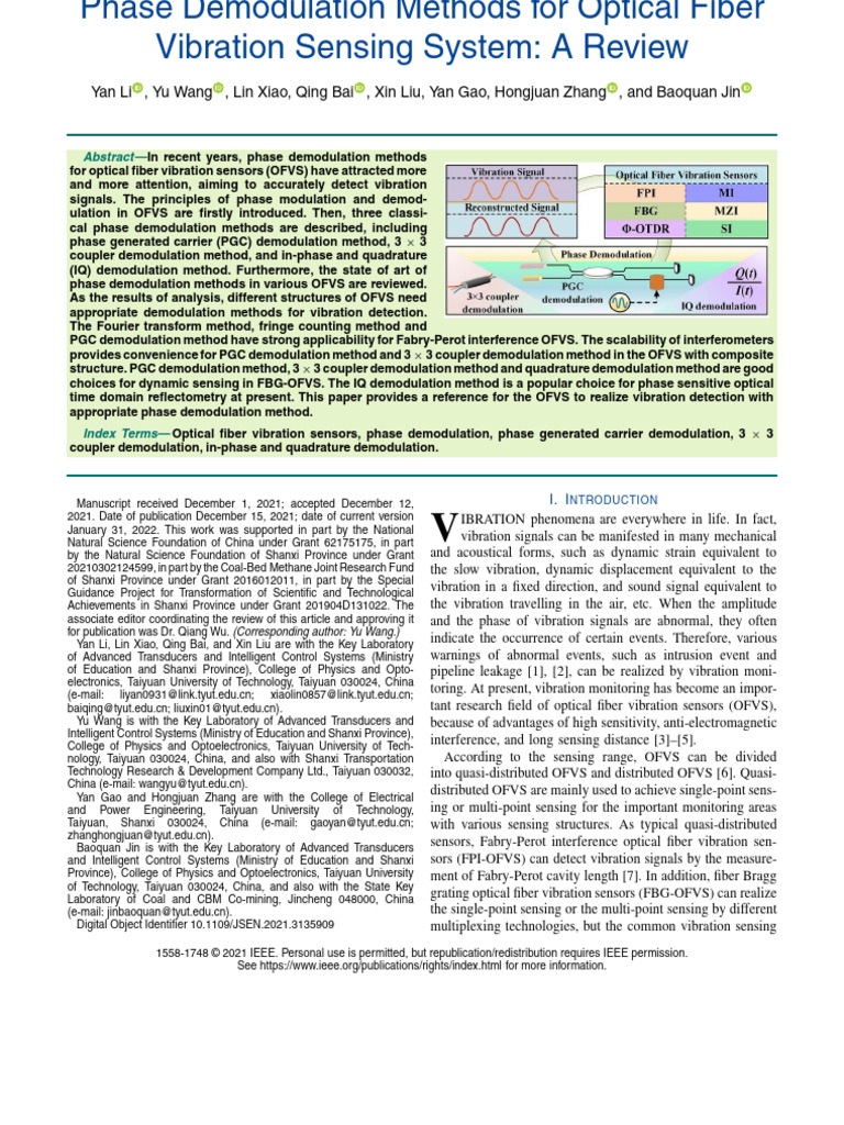Phase Demodulation in Fiber Vibration Sensors | PDF | Interferometry ...