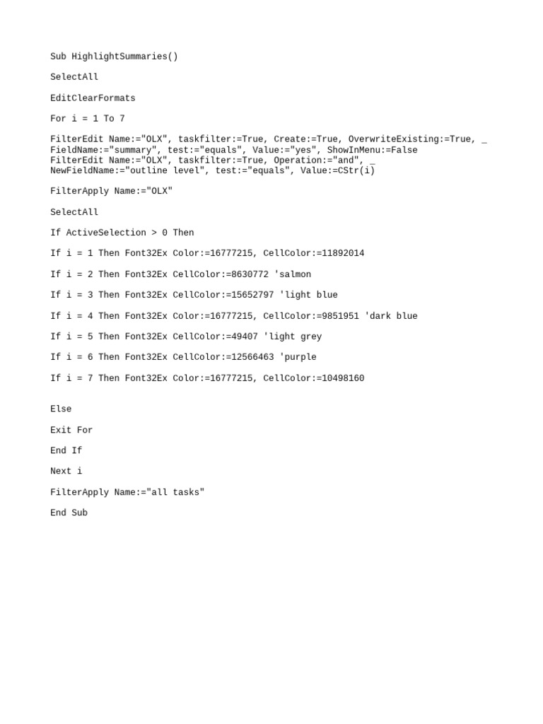 VBA Script for Task Highlighting | PDF