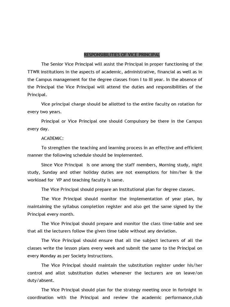 Vice Principal Responsibilities Overview | PDF | Laboratories | Librarian