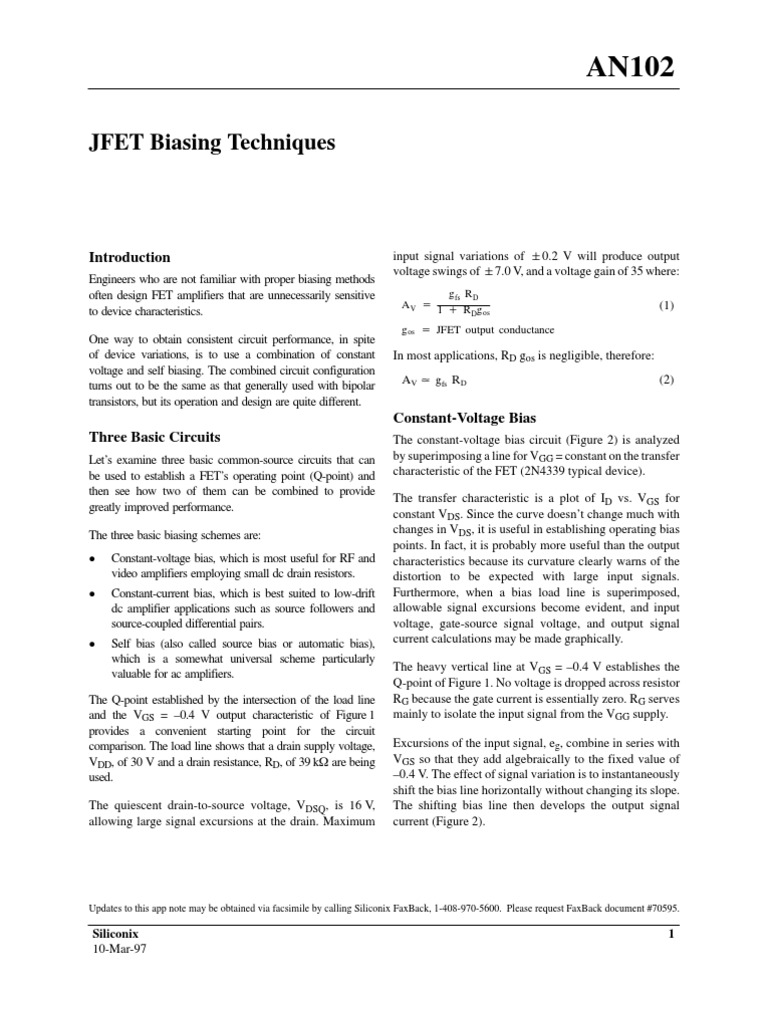 An102 Jfet Biasing Techniques PDF Field Effect Transistor Amplifier