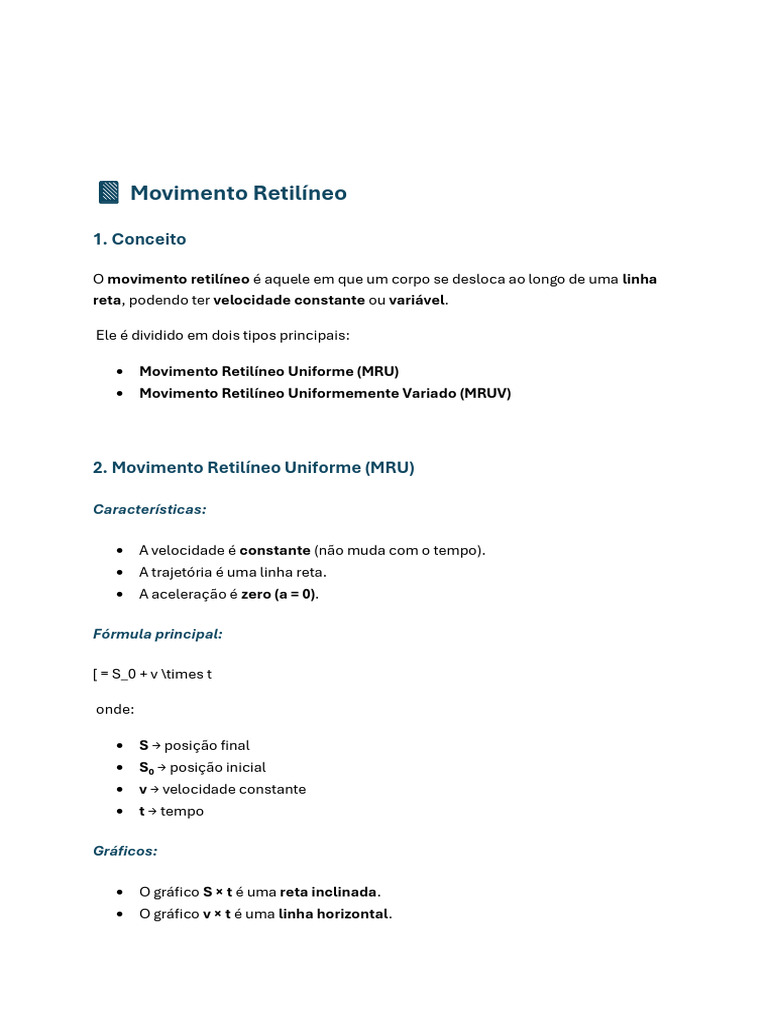 Movimento Retilíneo: MRU e MRUV Explicados | PDF
