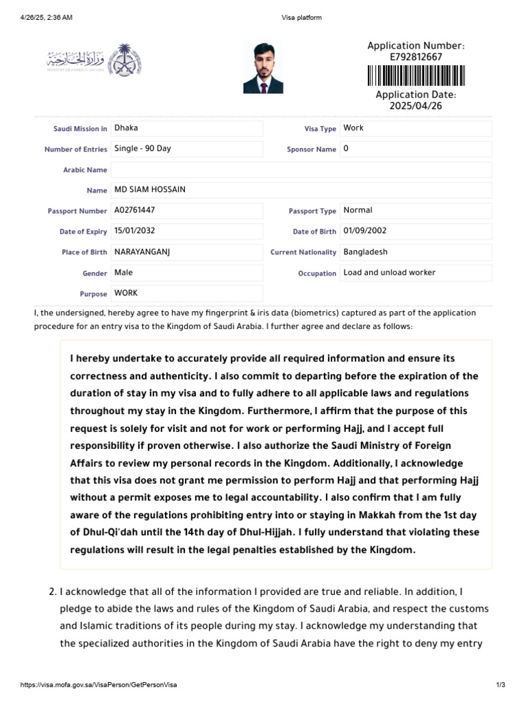 Saudi Arabia Visa Application Agreement | PDF | Travel Visa | Saudi Arabia