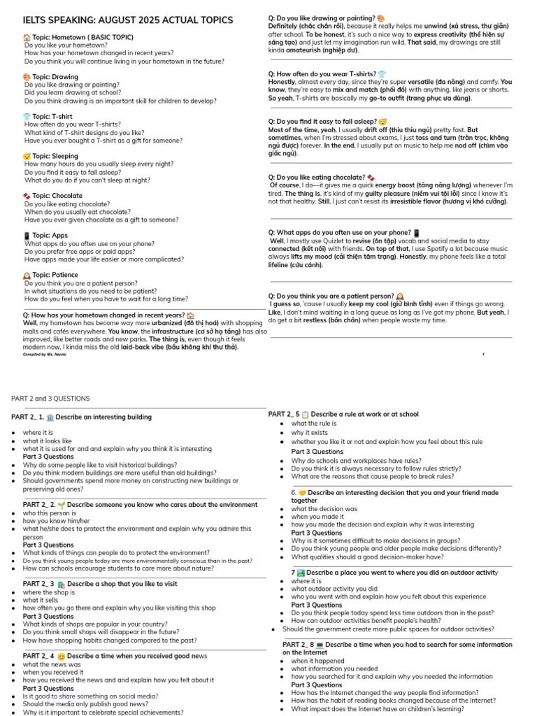 IELTS Speaking Topics for August 2025 | PDF