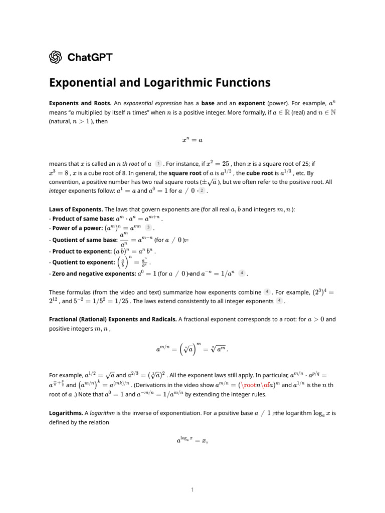 Exponential and Logarithmic Functions Guide | PDF | Exponentiation ...