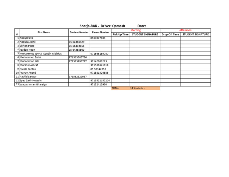 Student Pickup and Drop-off Log | PDF