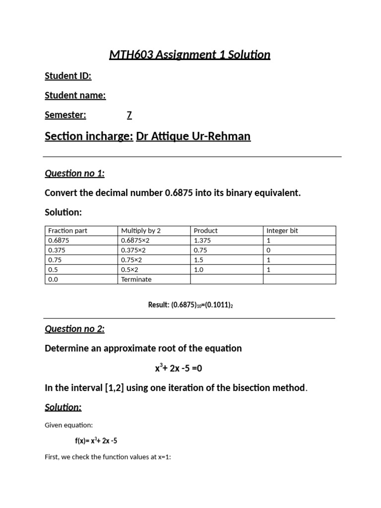 MTH603 Assignment 1 Solutions Guide | PDF | Applied Mathematics ...
