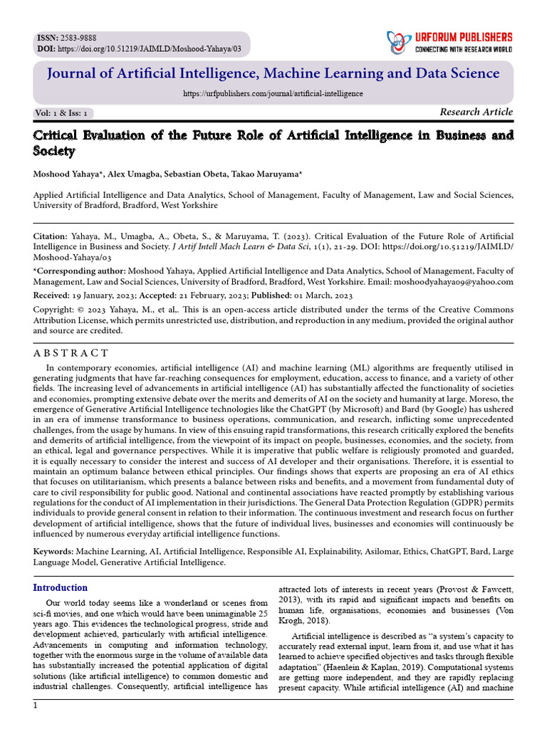 Critical Evaluation of The Future Role of Artificial Intelligence in ...