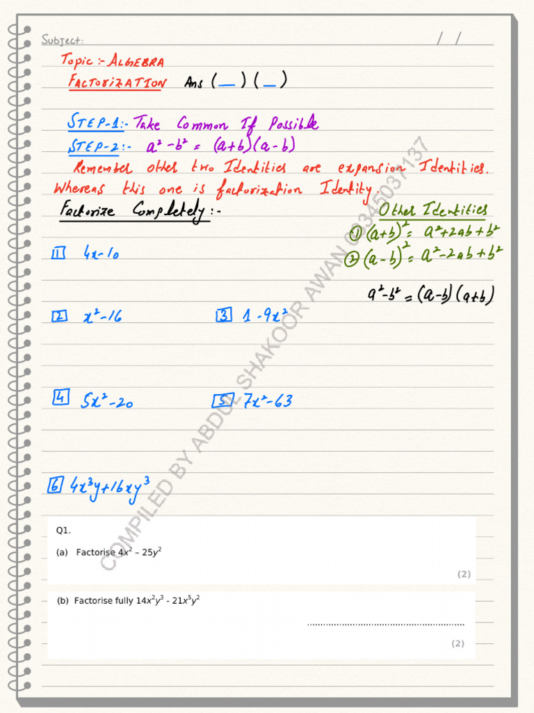 Algebra Complete Notes | PDF | Quadratic Equation | Factorization