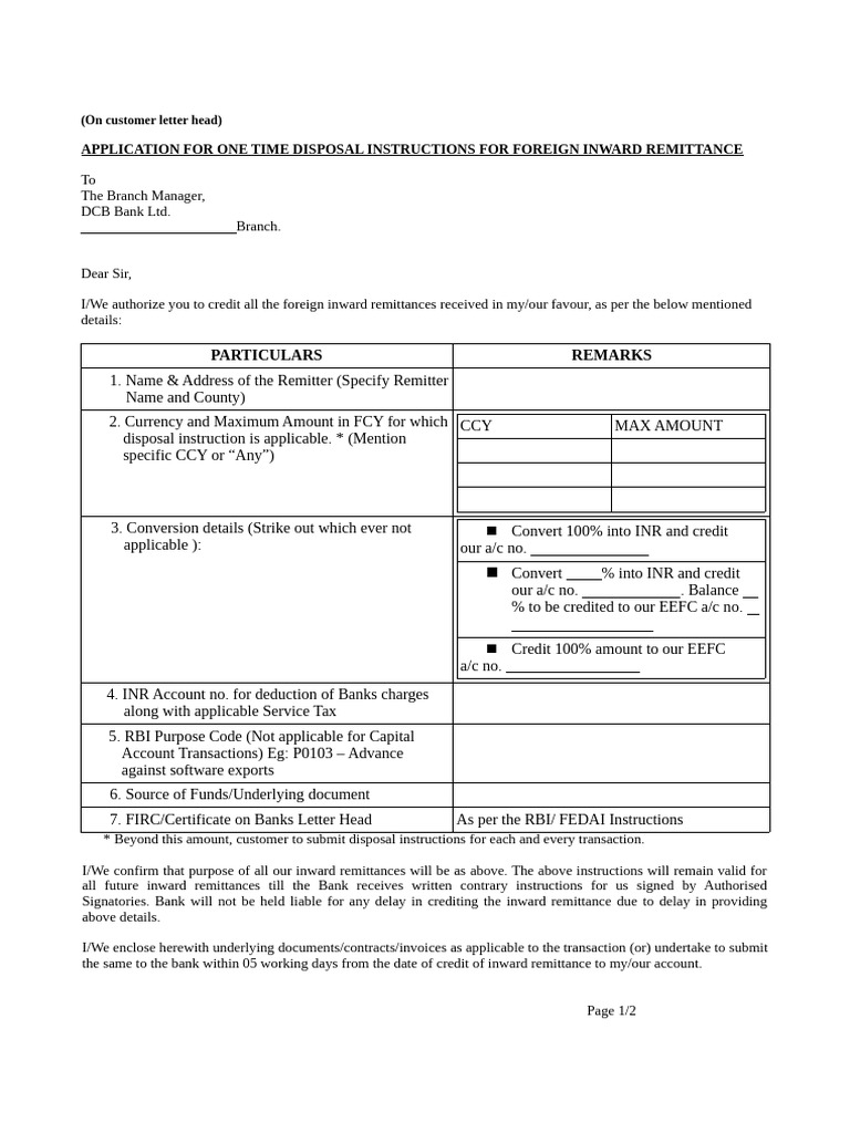 Foreign Inward Remittance Disposal Form | PDF | Receipt | Banks