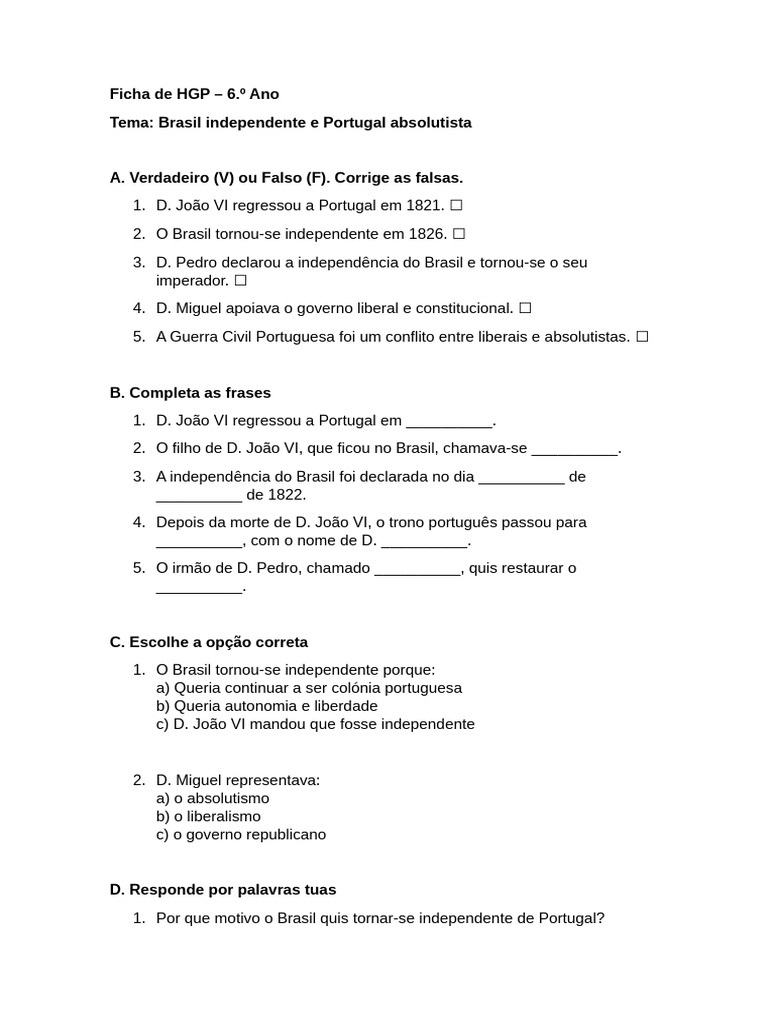 Brasil Independente: Ficha de HGP 6.º Ano | PDF