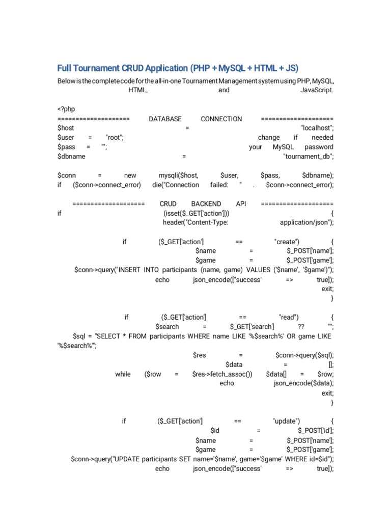 Tournament Management System Code | PDF | Php | My Sql