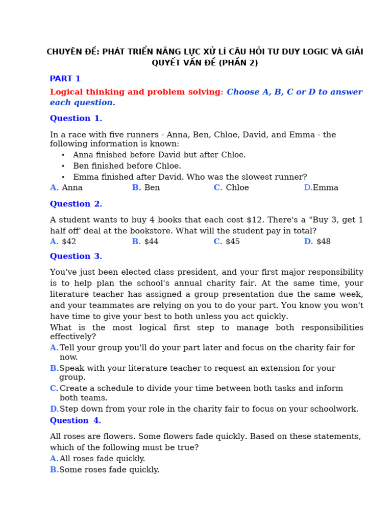 Logical Thinking and Problem Solving Exercises | PDF