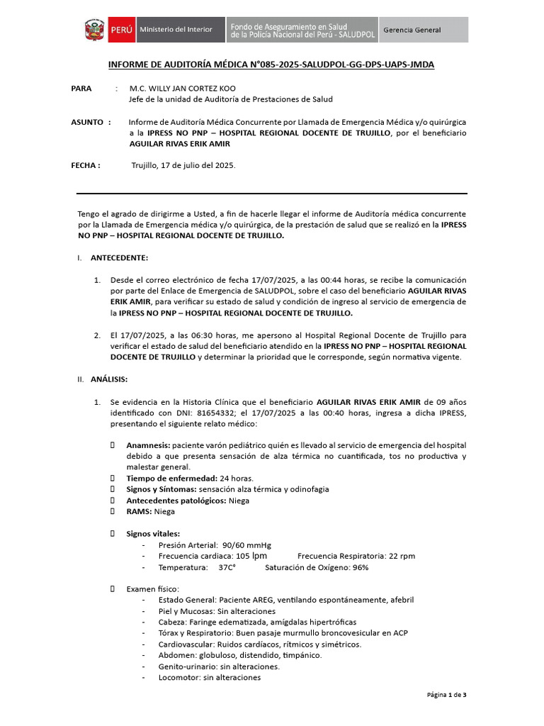 Informe de Auditoría Médica N°085-2025-Saludpol-Gg-Dps-Uaps-Jmda | PDF ...