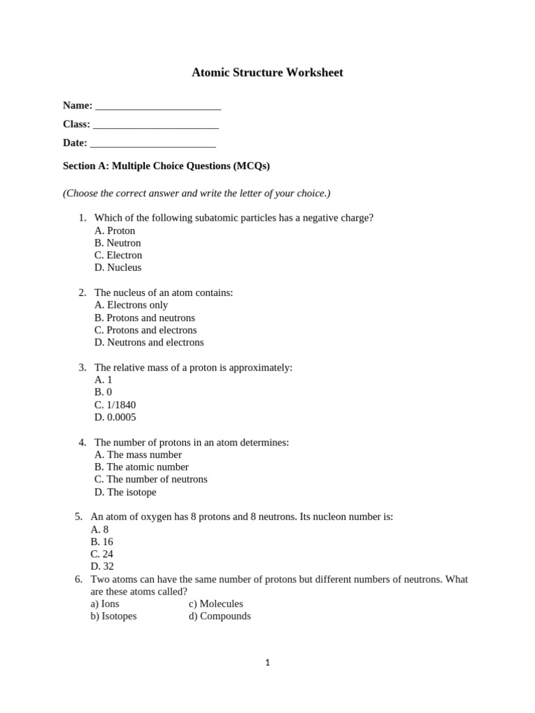 Atomic Structure Worksheet1 | PDF | Atoms | Proton