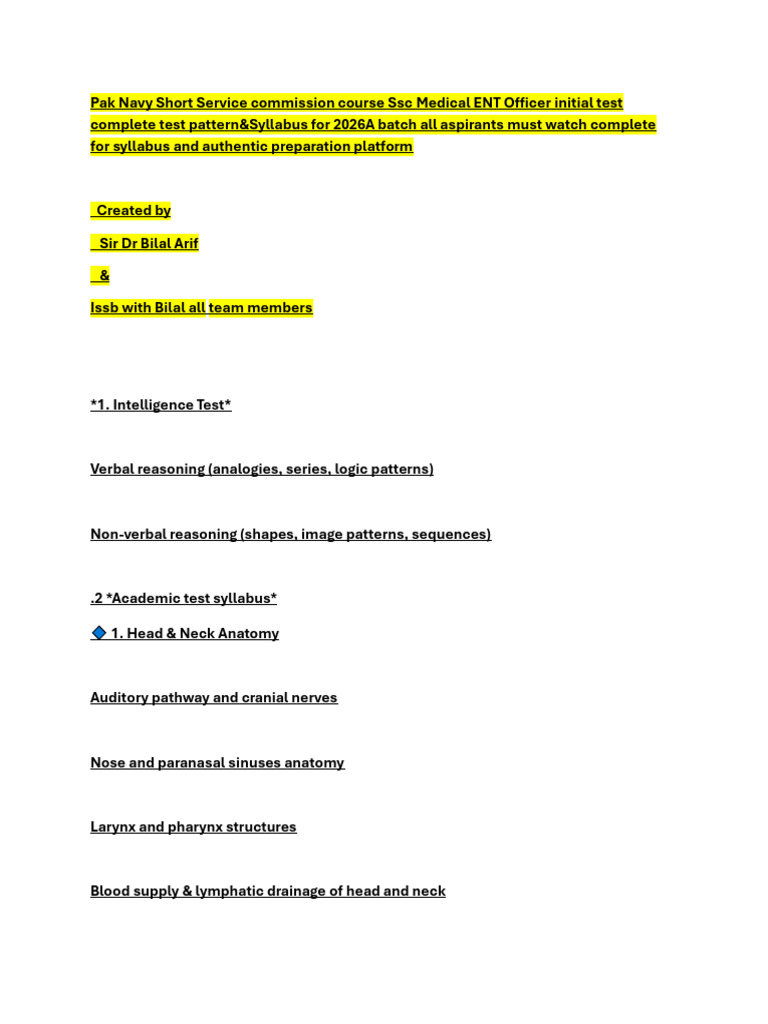 Pak Navy SSC Medical ENT Test Guide 2026 | PDF | Otorhinolaryngology ...