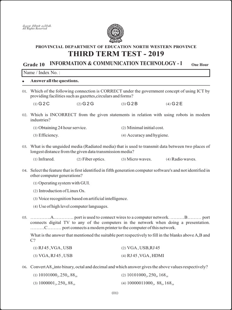 Grade 10 ICT Third Term Test 2019 | PDF | Booting | Spreadsheet
