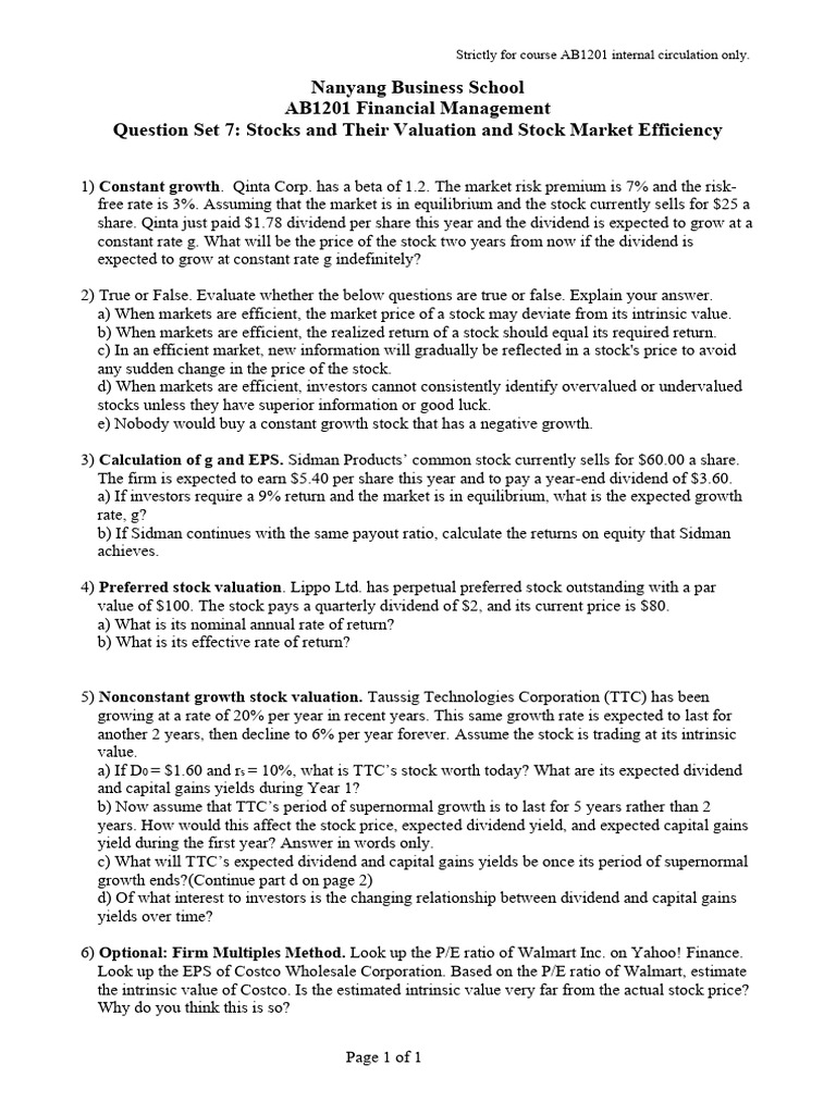 Question Set 7 | PDF | Stocks | Stock Valuation