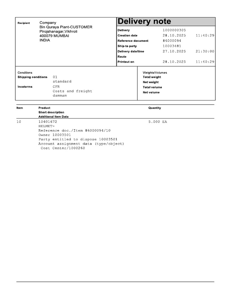 Delivery Note Print | PDF