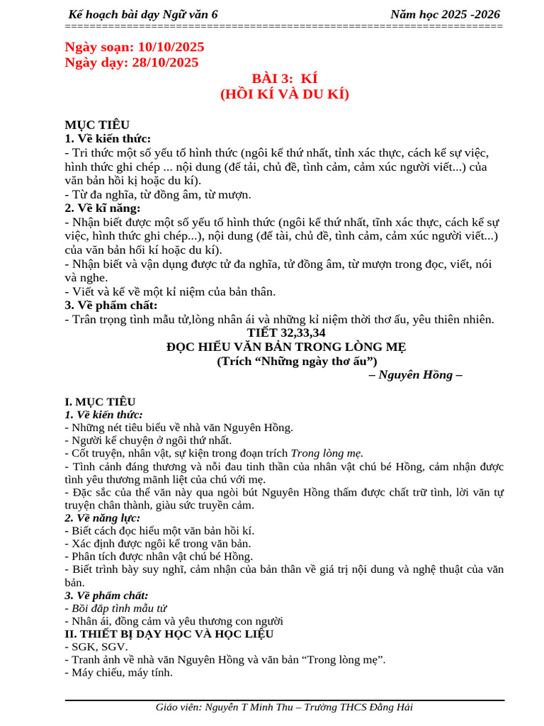 Văn 6 - Tiet 32-34 Trong Long Me | PDF