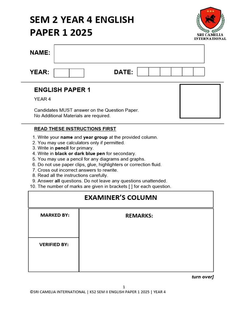 Year 4 English Exam Paper 2025 | PDF | Verb | Adverb